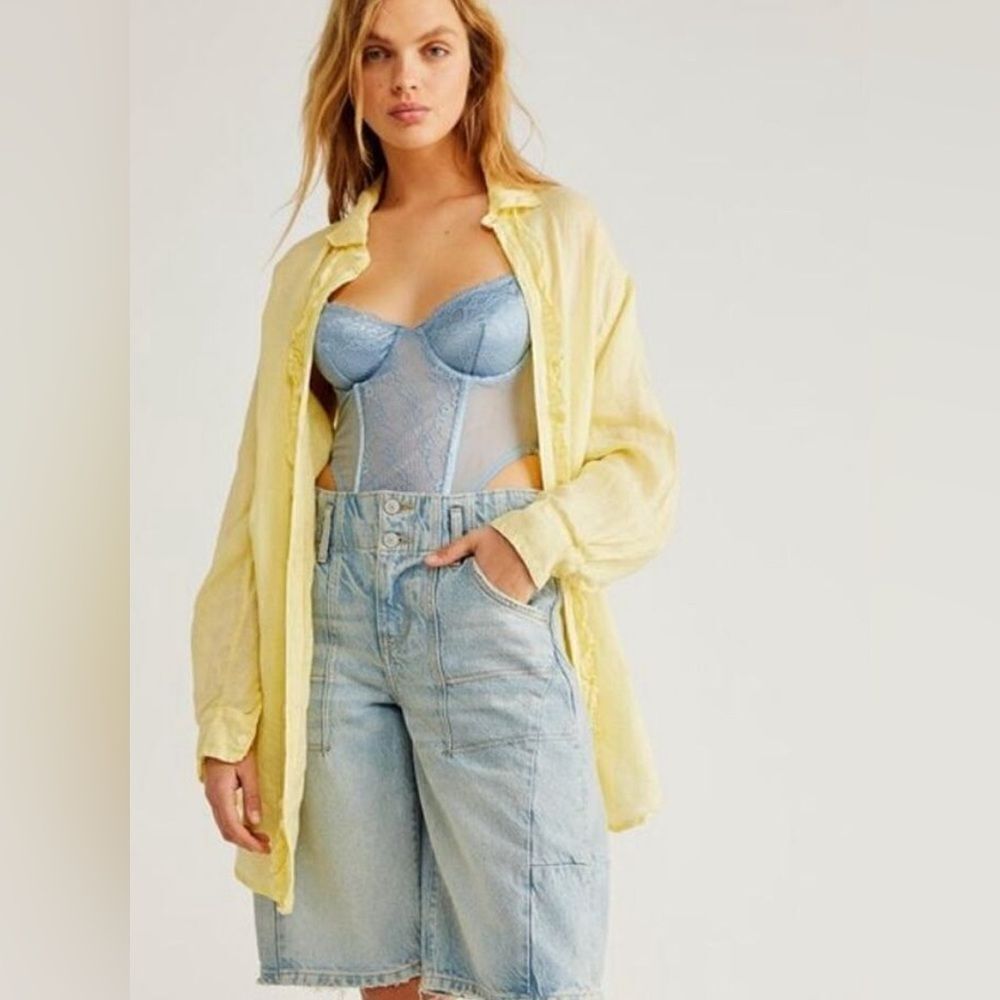 CP shades x free people woven linen ruffle tunic top butter yellow sm oversized